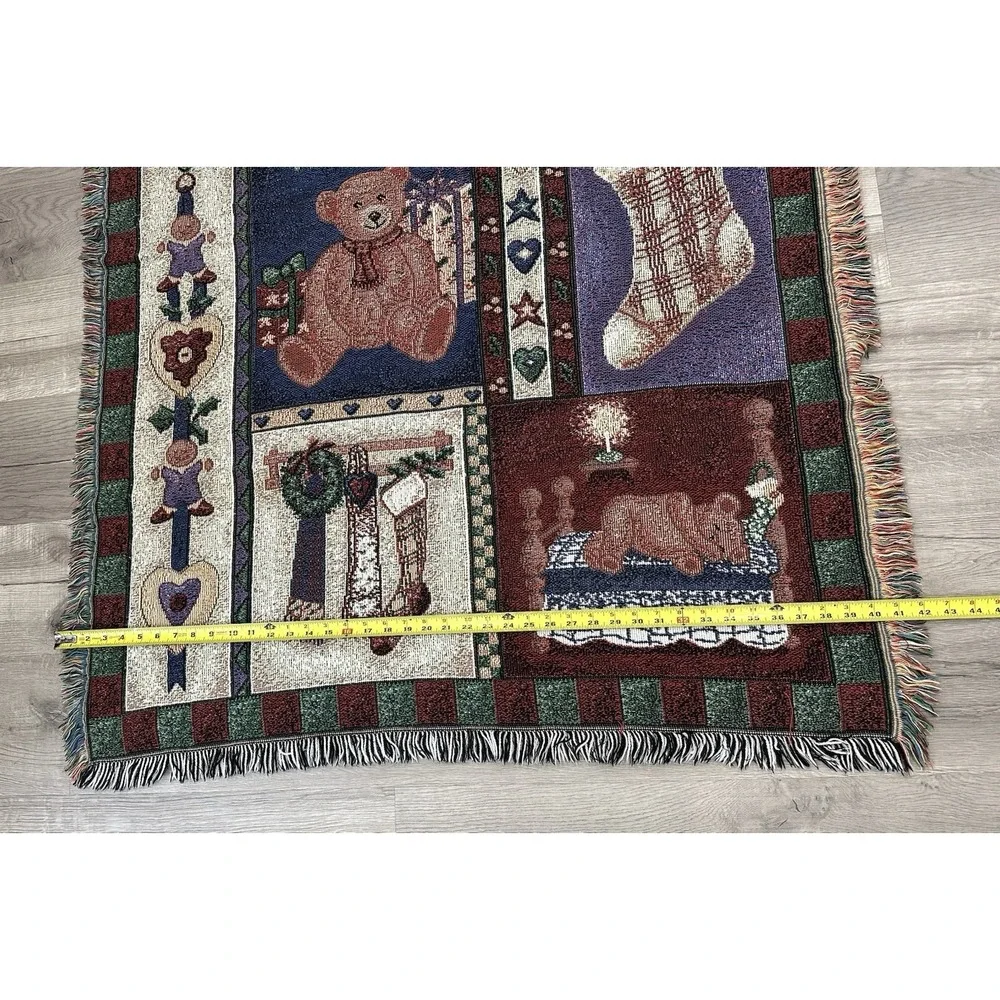 Vintage Christmas Tapestry Throw Teddy Bear Patchwork Theme Grandmacore READ